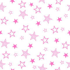 Seamless pattern with set drawn stars. Vector Wallpaper pink stars on a white background.