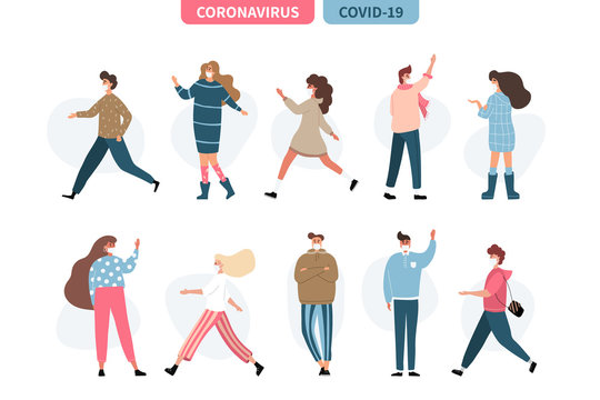 Men and women wearing protection from virus. Group of people with medical masks to prevent disease, flu, air pollution, contaminated air, world pollution. Vector illustration in a flat style
