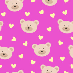 Seamless pattern of A funny bear Face and hearts on a pink background. Children's Wallpaper Vector illustration.