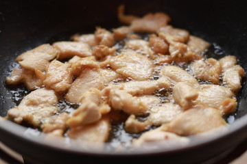 Oil fried pork in a frying pan.