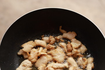 Oil fried pork in a frying pan.