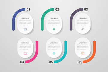 Infographic design with icons and 6 options or steps. Can be used for presentations, flow charts, web sites, banners, printed materials. Vector illustration.