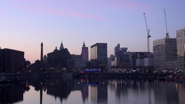 Skyline of Liverpool city in the evening sunset time lapse UK 4K