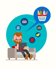 Man sitting on couch ordering groceries online with laptop. Modern lifestyle with online food delivery concept illustration. Vector cartoon in flat design style.