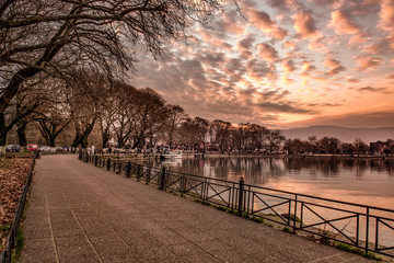 View to the lake Pamvotis in Ioannina city at sunset.Greece