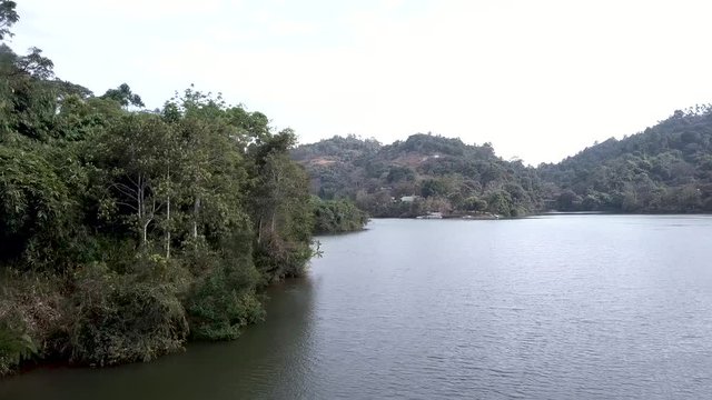 Aerial of big resevoir lake in Munnar, India