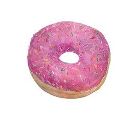 Pink donut with multicolor sprinkles isolated on the white background. Watercolor handdrawn...