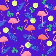 Seamless pattern of Pink and coral flamingos and palm leaves, lemon. purple background Wallpaper.