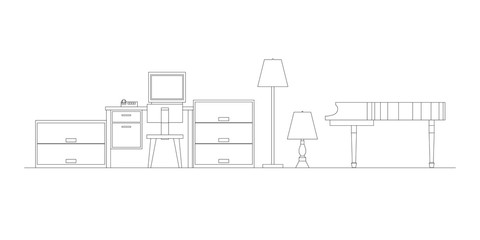 Side view of set furniture elements outline symbol for work room and living room. Interior elevation icon. Architecture design drawing. Vector illustration