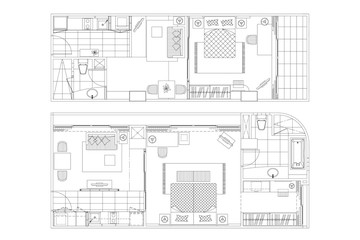 Top view of set furniture elements outline symbol for bedroom, kitchen, bathroom, dining room and living room. Interior icon bed, chair, table and sofa.