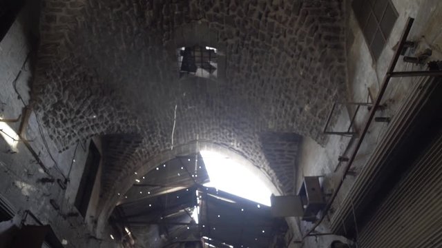 Low Angle Of Al Madina Souq Covered Market In Aleppo After Civil War, Syria