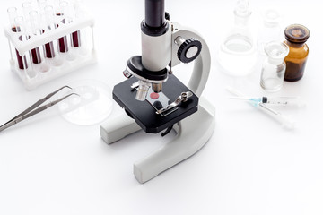 Laboratory examination with microscope. Equipment with blood sample on white background