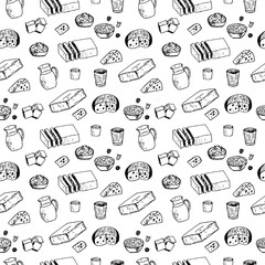 Seamless pattern dairy products, vector illustration, butter, milk, cottage cheese, cheese, cream, yogurt and berries, hand drawing