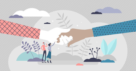 People help vector illustration. Holding hands flat tiny persons concept.