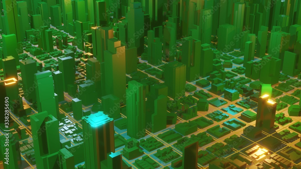 Poster digital abstract city made of glowing line light. business skyscrapers. architectural technology str