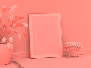 Single color vertical poster frame on the floor in a monochrome pink room with floor lamp, 3d Rendering.