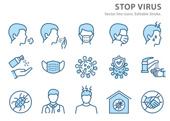 Coronavirus line icon set. Vector illustration. Editable stroke.