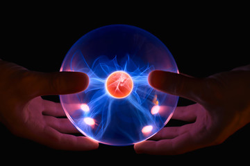 male hands with magic fire ball - obrazy, fototapety, plakaty