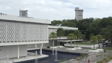 February 19th, 2020 - Kuala Lumpur, Malaysia : 4k Establishing b-roll aerial view of National Mosque. Malay Vernacular Architecture. Push In Shot.