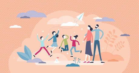 Kids joy vector illustration. Happy childhood time flat tiny persons concept