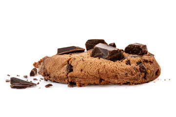 Chocolate chip cookies isolated on white background with chocolate  shavings and chunks