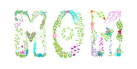 Mother's day or mom typography design, cute flowers and floral designs for happy mothers day card or mommy illustration in beautiful hand drawn creative sketch