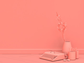 Empty wall, vase and typewriter on parquet floor in single color, flat, solid monochrome pink room, 3d Rendering