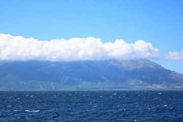 Samothraki island view from ferry - seascape with Saos mountain and coastline