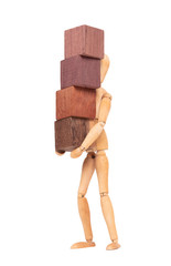 Wooden mannequin carrying wooden hardwood blocks