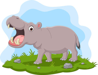 Cartoon hippo with open mouth in the grass