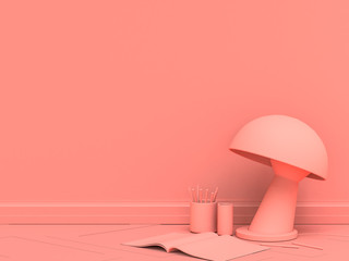 Empty wall with floor lamp and magazine on parquet floor in single color, flat, solid monochrome pink room, 3d Rendering