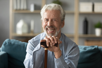 Head shot portrait smiling mature man with walking stick sitting on couch at home, happy older...