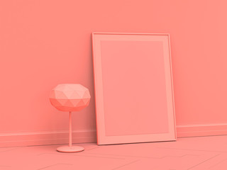 Single color vertical poster frame on the floor in a monochrome pink room with floor lamp, 3d Rendering.