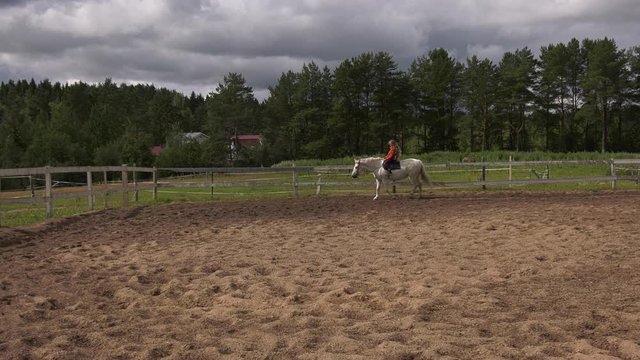 Girl rides a horse in paddock. A little girl with long loose hair rides a step on a white horse on the sandy paddock.