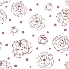 Vintage Graphic flowers with dots, Illustration, Retro Seamless Pattern