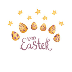 Happy Easter, Hand drawn lettering and decorated eggs, Invitation, greeting card, web, postcard, Procreate sketch, Raster illustration, Isolated on white
