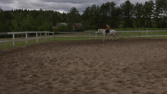 Girl rides a horse in paddock. A little girl with long loose hair rides a step on a white horse on the sandy paddock.