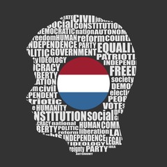 Head of man filled by word cloud. Words related to politics, government, parliamentary democracy and political life. Flag of the Netherlands