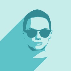 Portrait of beautiful woman in black sunglasses. Short hair. Front view. Web icon with long shadow