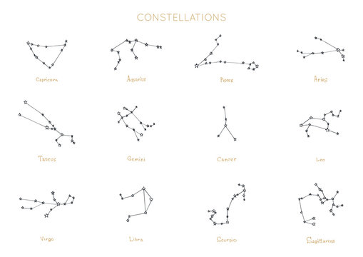 Zodiac constellations on white background. Hand drawn astrological celestial bodies in vector. Graphic illustrations.