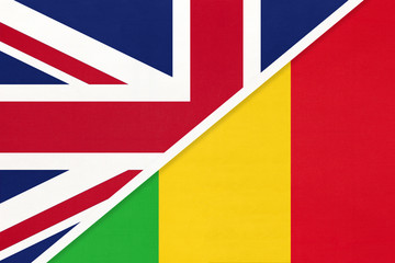United Kingdom vs Mali national flag from textile. Relationship between two European and African countries.