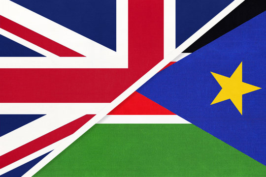 United Kingdom vs South Sudan national flag from textile. Relationship between two European and African countries.