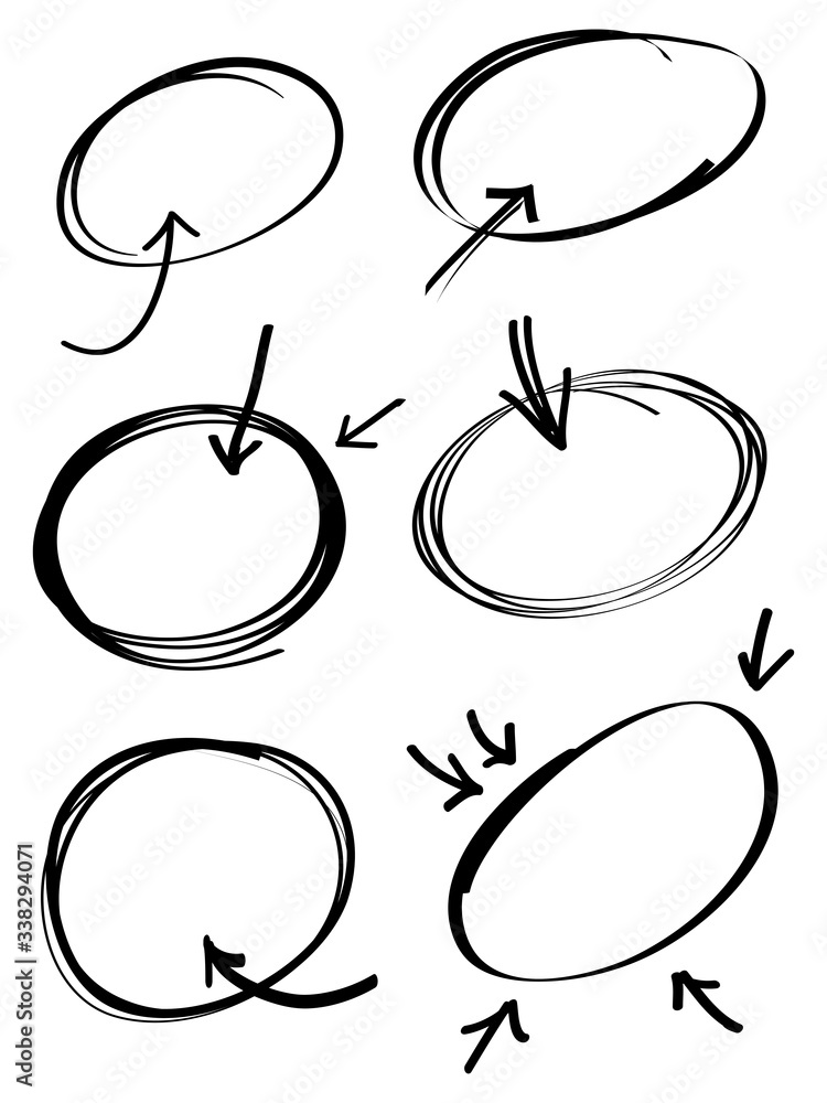 Poster hand drawn scribble line circles arrow. doodle circular for message note mark design element. vector