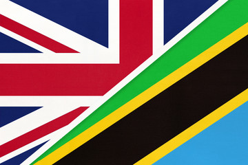United Kingdom vs Tanzania national flag from textile. Relationship between two European and African countries.