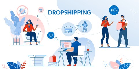 Dropshipping Set. Contactless Safety Conveyance in Coronavirus Covid19 Pandemic Condition. Healthcare Security Guarantee in Online Shopping, Express Delivery to Door in Quarantine. Parcel Disinfection