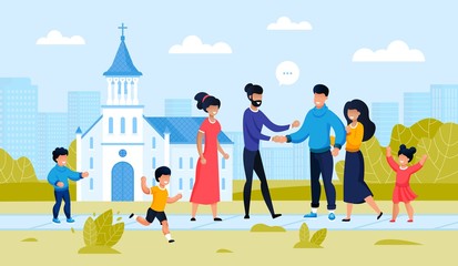 Two Family Friend Meeting at City Church Building. Parent with Children Outside. Religion Architecture Design. Friendship Support at Famous temple landmark. People Conversation. Vector Illustration