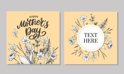 Happy Mother's Day greeting card vector illustration. Hand lettering calligraphy holiday background in floral frame.