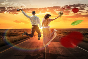 Fototapeta na wymiar Jump wedding couple on a beautiful sunset background