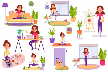 Big set of vector cartoon illustrations on white isolated background. Home activities due to self isolation on quarantine from coronavirus. Woman is reading with her son, painting, cooking, doing