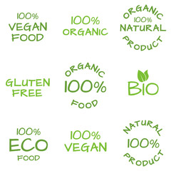 Organic food, natural products icon set. Eco, Bio and Vegan hand drawn labels or logos. Gluten free badge. Vector illustration.  